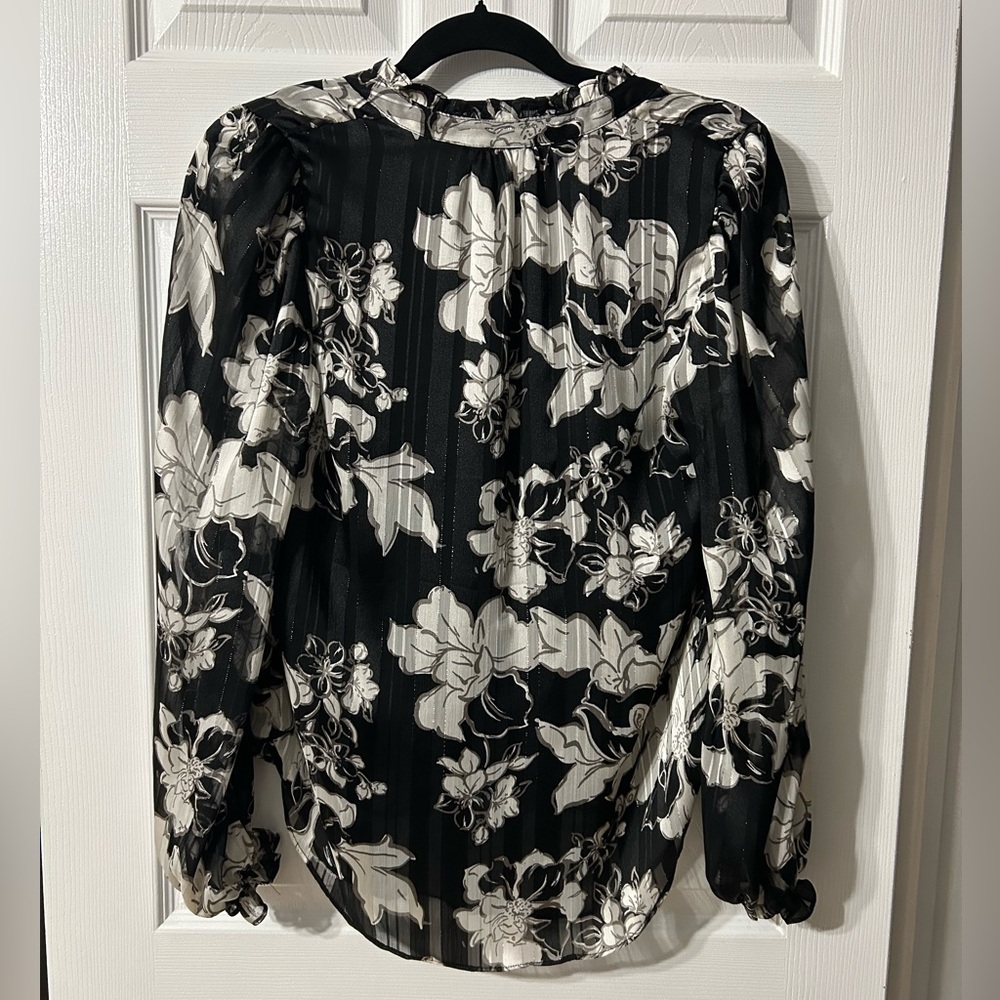Joie Floral Print Contemporary Luxury Pleated Long Sleeve Blouse Shimmer EUC - Picture 3 of 4